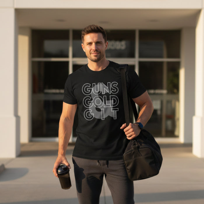 Guns, Gold, & Git Graphic Shirt – 2A Prepper Outdoors Lifestyle Tee