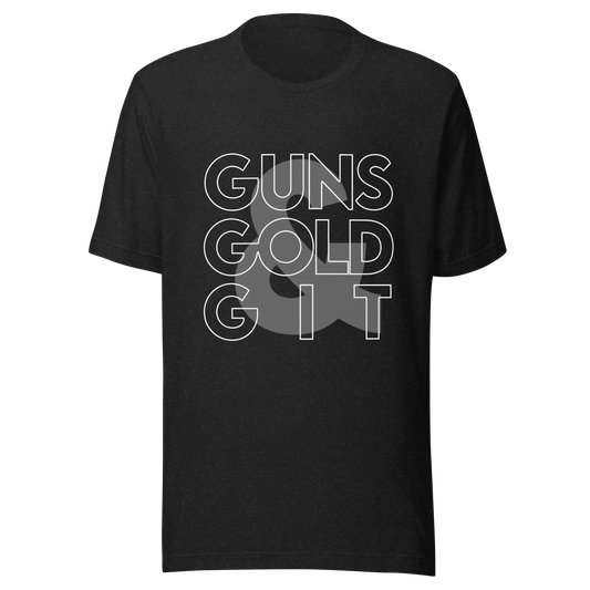 Guns, Gold, & Git Graphic Shirt – 2A Prepper Outdoors Lifestyle Tee