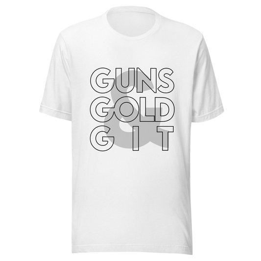 Guns, Gold, & Git Graphic Shirt – 2A Prepper Outdoors Lifestyle Tee